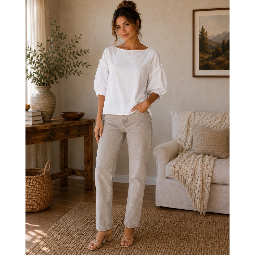 Pinko Blouse Womens 4 White Puff Sleeve Cottagecore Coastal Minimalist